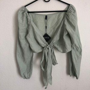 Plunging Neck Tied Cropped Blouse